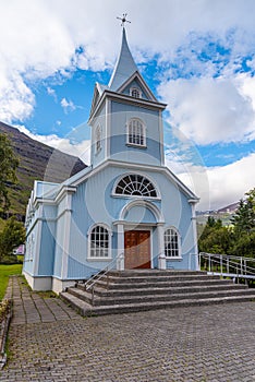 Blue church at Seydisfjordur on Iceland