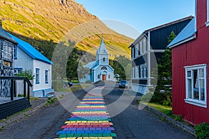 Blue church at Seydisfjordur on Iceland