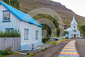 Blue church at Seydisfjordur on Iceland