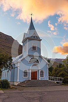 Blue church at Seydisfjordur on Iceland