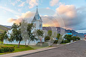 Blue church at Seydisfjordur on Iceland