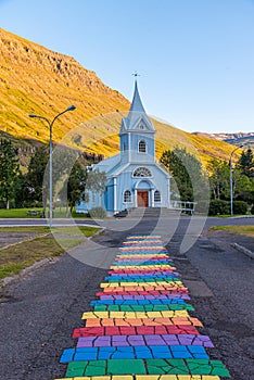 Blue church at Seydisfjordur on Iceland