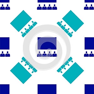 Blue Cinema auditorium with screen icon isolated seamless pattern on white background. Vector Illustration