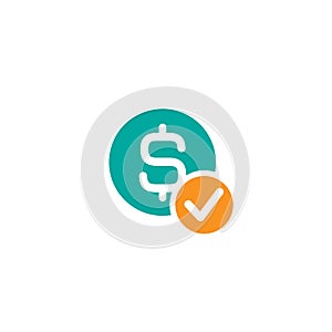 Blue circle with dollar sign and orange circle with tick. Flat icon. Isolated on white. Pay sign. Accept button.