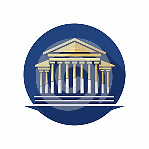 Blue Circle With Gold Greek Temple, An artistic interpretation of the Acropolis in Athens, minimalist simple modern vector logo