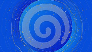 Blue circle with golden wavy lines and shiny dots abstract motion design