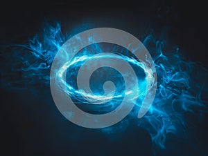 A blue circle with smoke and fire