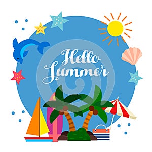 Blue circle summer dolphin coconut tree template