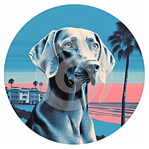 Blue Circle Weimaraner Dog Art: Realistic Portrait In Tonalism Style