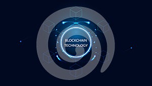 Blue circles and neon lights. Connected squares. blockchain technology cryptocurrency and fintech square cube crypto operations