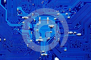 Blue circuit board background of computer motherboard,Electronic computer hardware technology.Integrated communication processor.