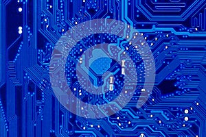 Blue circuit board background of computer motherboard,Electronic computer hardware technology.Integrated communication processor.