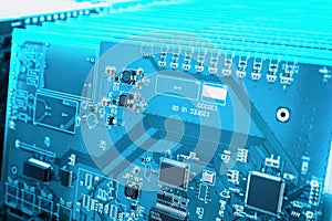 Blue circuit board closeup