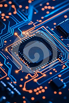 Blue Circuit Board with CPU, Motherboard, Technology Background, Electronics Abstract Pattern