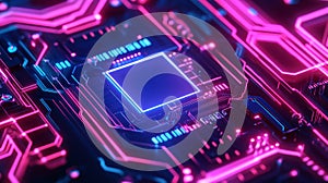 The blue circuit board with the integrated semiconductor microchip and microprocessor represents the high tech industry