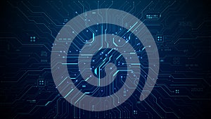 Blue circuit board pattern with digital chip elements. Dark background