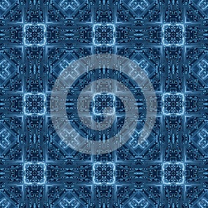 Blue Circuit Board Pattern Digital Seamless Background. Abstract Futuristic Computer Motherboard illustration. Technology