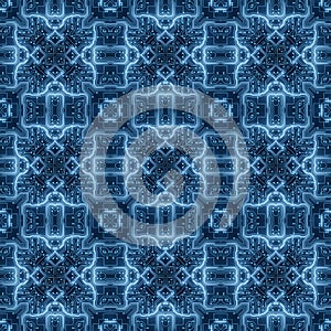Blue Circuit Board Pattern Digital Seamless Background. Abstract Futuristic Computer Motherboard illustration. Technology