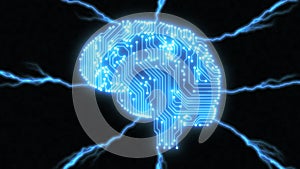 Blue circuitry brain with electrical lightning bolts