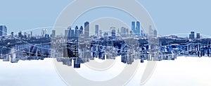 Blue city background. Social media and business communication technology concept