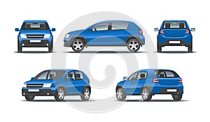 Blue city car in different types on a white background. Family hatchback