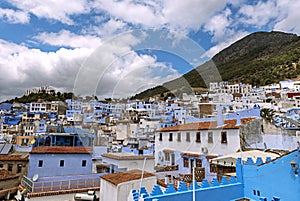 Blue city skyline on the hill in Chefchaouen, Morocco.