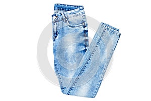 Blue classic jeans isolated on white background. Fashion denim pants wear mock up and copy space. Flat lay closeup clothes. Casual