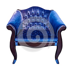 Blue classical vintage style armchair with coach-type screed capitone isolated on white background