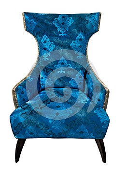 Blue classical vintage style armchair with upholstery floral texture isolated on white background. Soft velour fabric
