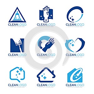 Blue Clean logo with Home cleaning and Shine light sign vector set design