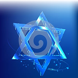 Blue clean Star of David glass glowing in the dark. Jewish symbol.