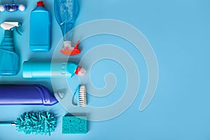 Blue cleaning products and household supplies