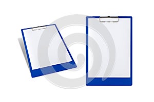 Blue clipboard with blank white paper isolated on white background