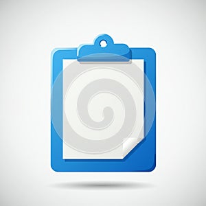 Blue clipboard illustration with a white sheet of paper attached. The design is
