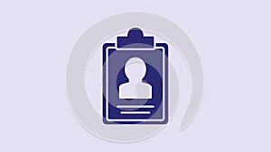 Blue Clipboard with resume icon isolated on purple background. CV application. Curriculum vitae, job application form