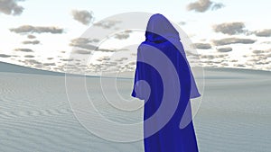 Blue Cloaked Figure in Desert