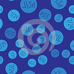 Blue Clock 24 hours icon isolated seamless pattern on blue background. All day cyclic icon. 24 hours service symbol