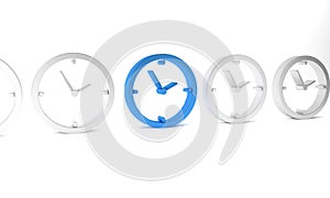 Blue Clock icon isolated on white background. Time symbol. Minimalism concept. 3D render illustration