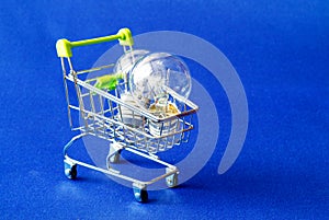 On a blue cloth background in a cart from a supermarket, two glass lamps