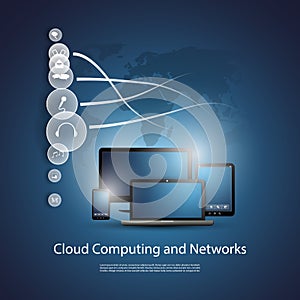 Blue Cloud Computing Concept Design with World Map and Computers