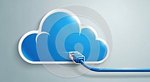 Blue cloud computing connection with network cable represents digital data transfer and internet connectivity