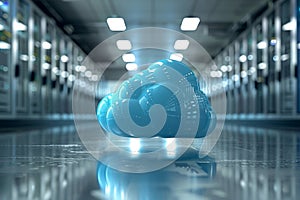 Blue cloud computing icon hovering in server room