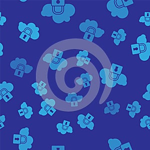 Blue Cloud computing lock icon isolated seamless pattern on blue background. Security, safety, protection concept