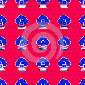 Blue Cloud computing lock icon isolated seamless pattern on red background. Security, safety, protection concept. Protection of