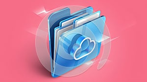 Blue Cloud Folder With Data on a Light Red Background