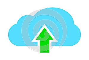 Blue cloud with green arrow upload icon. Vector illustration isolated on white