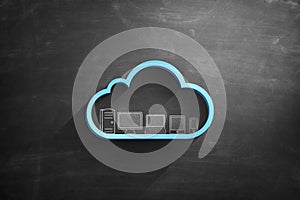 Blue cloud icon on blackboard with cloud computing text