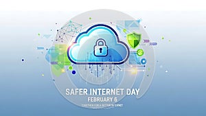 Blue cloud with lock and green shield for Safer Internet Day cloud computing internet security