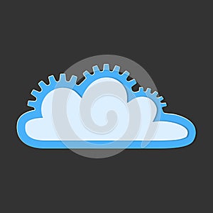 Blue cloud icon, logo. Technology, packaged software, decentralized application, cloud computing. Gears in the cloud