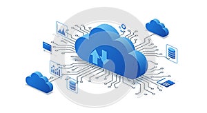Blue cloud icons represent cloud computing infrastructure, connected by circuit-